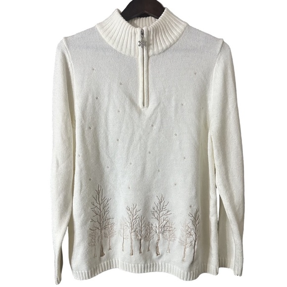Carroll Reed Sweaters - Carroll Reed Women's White Acrylic Tree Snowflakes Embroidered Sweater Sz XL